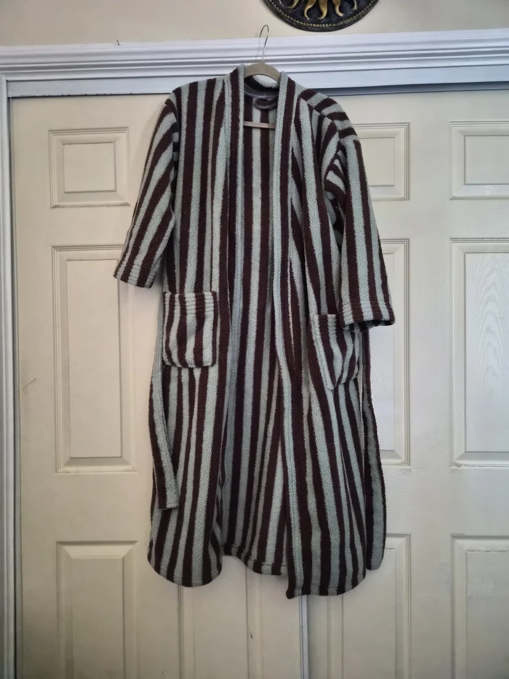 Striped Open-Front Long Knit Bathrobe in Brown and Cream